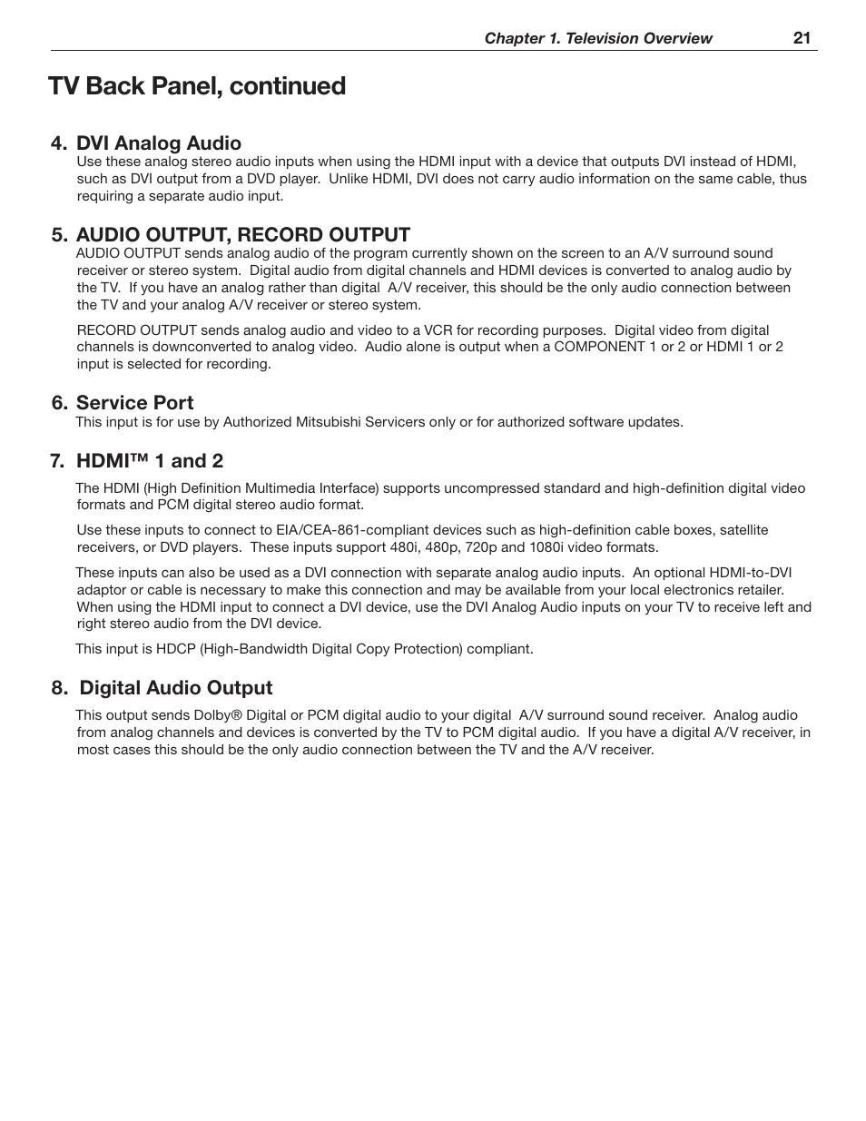 Tv back panel, continued, Dvi analog audio, Audio output, record output | Service port, Hdmi™ 1 and 2, Digital audio output | MITSUBISHI ELECTRIC WD-62526 User Manual | Page 21 / 80