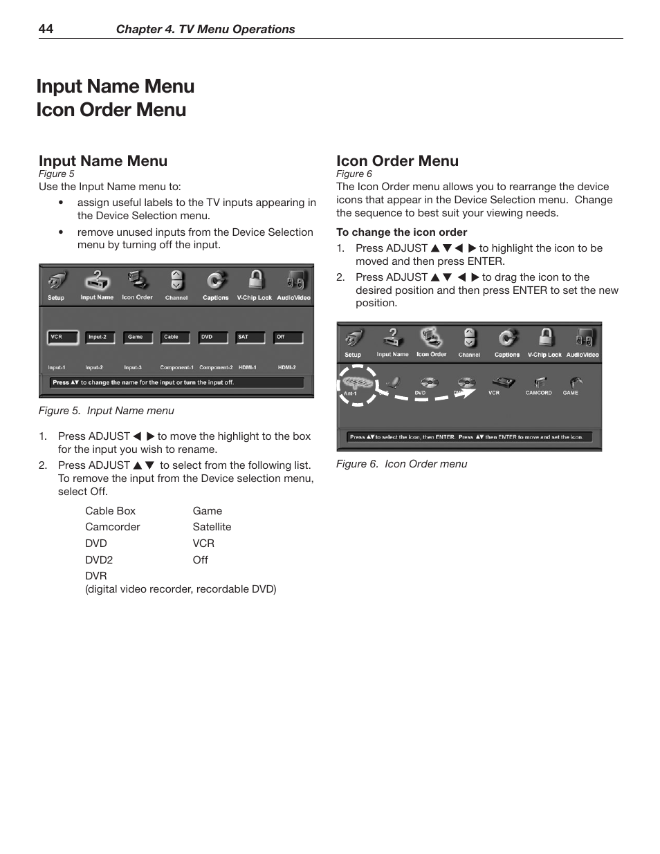 Input name menu icon order menu, Input name menu, Icon order menu | MITSUBISHI ELECTRIC WD-62526 User Manual | Page 44 / 80