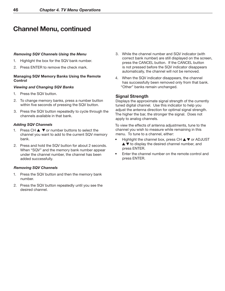 Channel menu, continued | MITSUBISHI ELECTRIC WD-62526 User Manual | Page 46 / 80