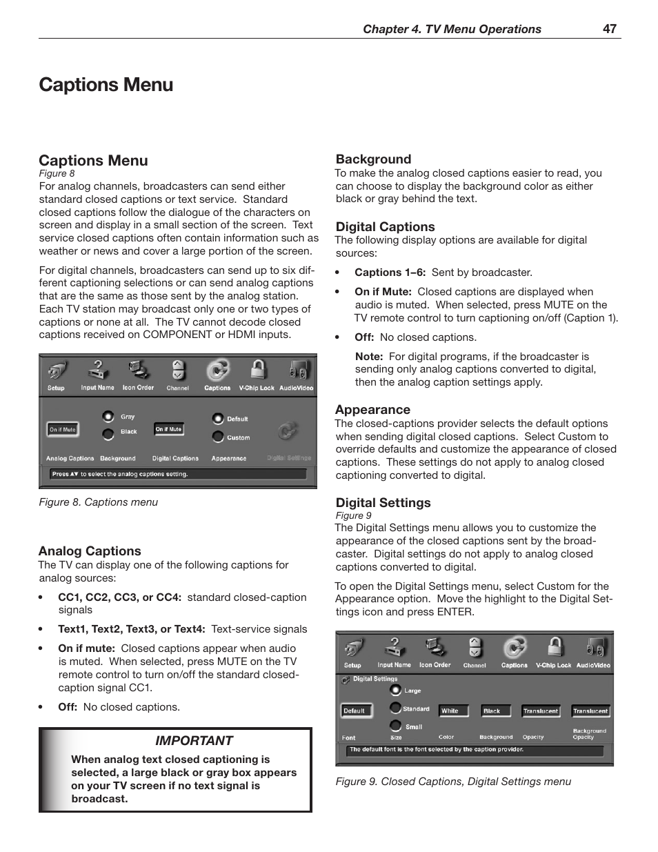 Captions menu | MITSUBISHI ELECTRIC WD-62526 User Manual | Page 47 / 80