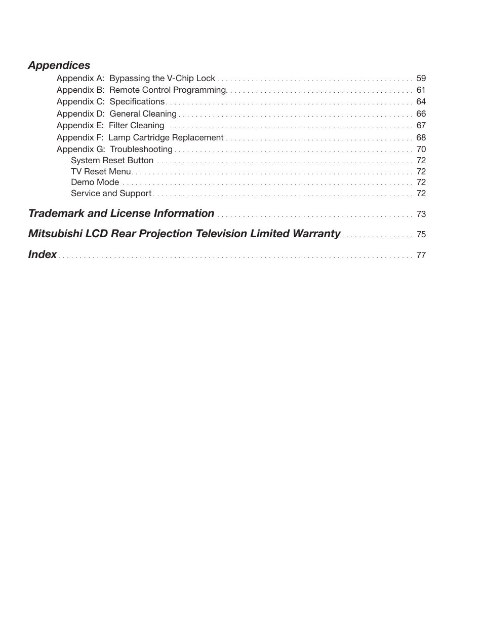 Appendices, Trademark and license information, Index | MITSUBISHI ELECTRIC WD-62526 User Manual | Page 5 / 80