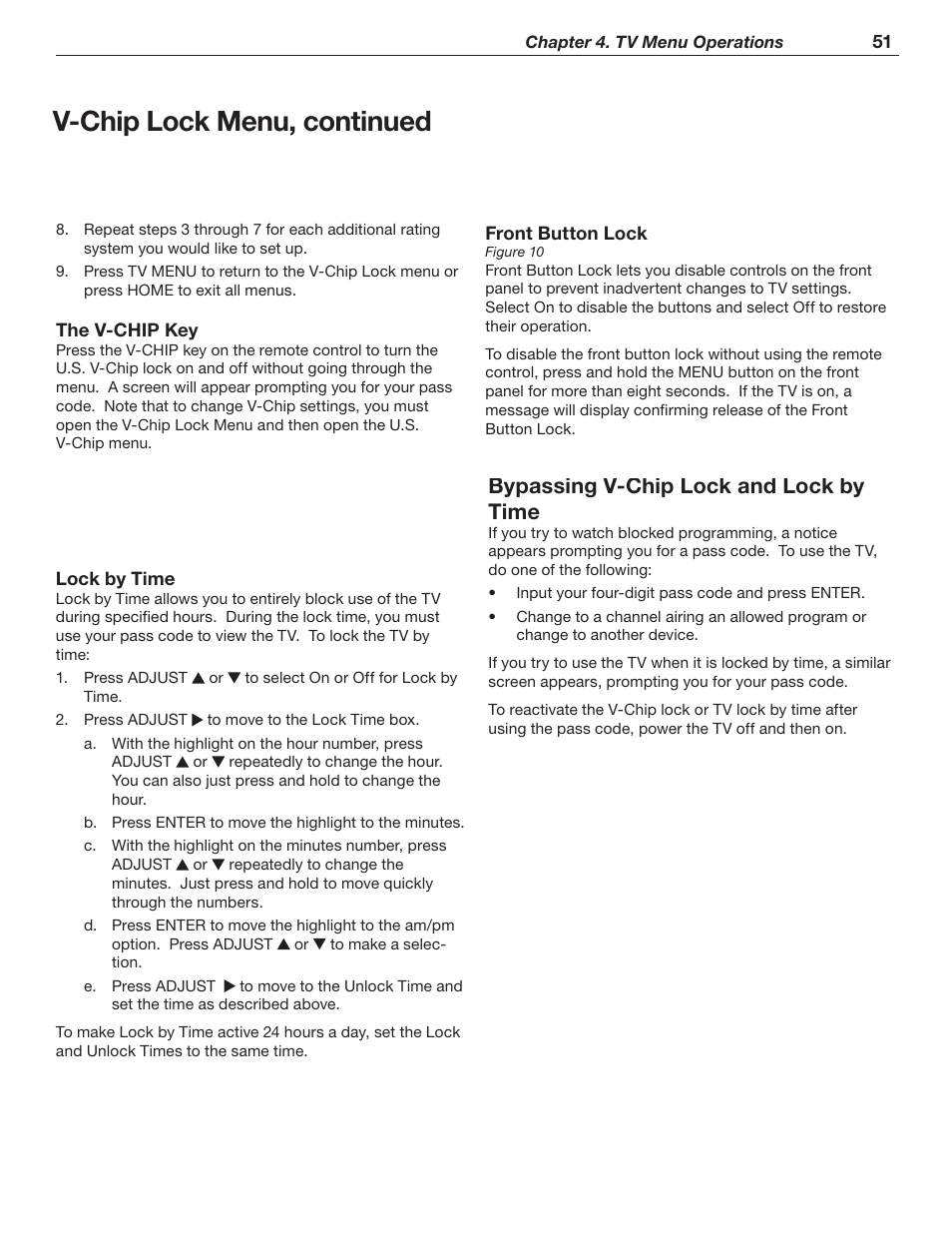 V-chip lock menu, continued, Bypassing v-chip lock and lock by time | MITSUBISHI ELECTRIC WD-62526 User Manual | Page 51 / 80