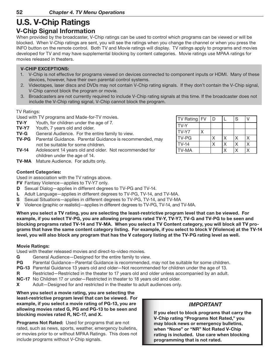 U.s. v-chip ratings, V-chip signal information | MITSUBISHI ELECTRIC WD-62526 User Manual | Page 52 / 80