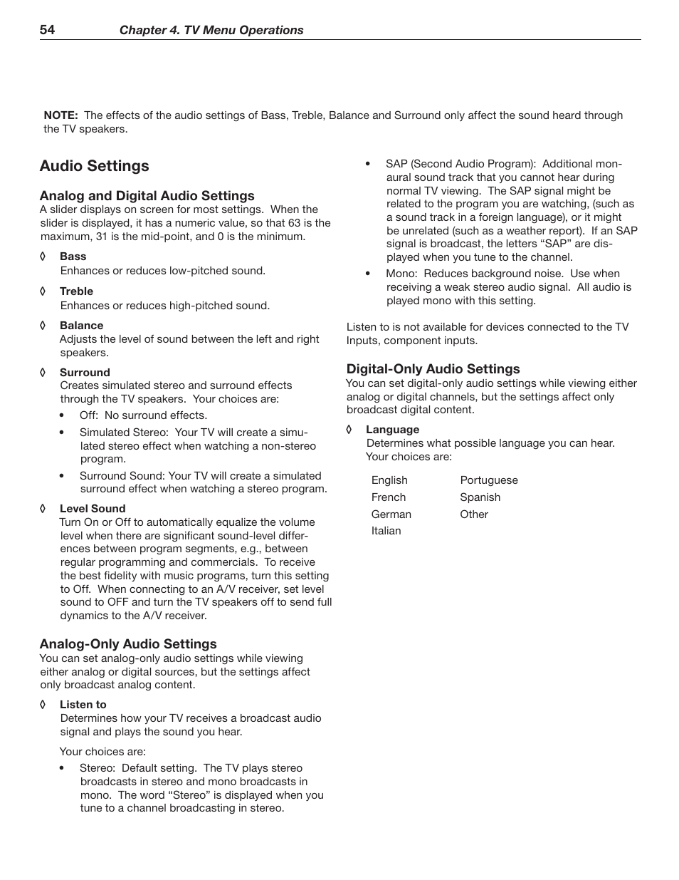 Audio settings | MITSUBISHI ELECTRIC WD-62526 User Manual | Page 54 / 80