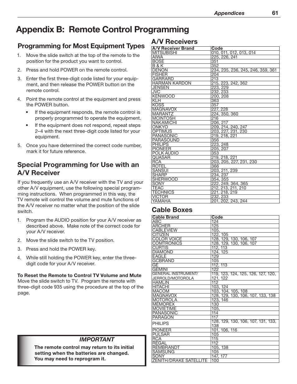 Appendix b: remote control programming, Cable boxes programming for most equipment types, Special programming for use with an a/v receiver | A/v receivers, Important | MITSUBISHI ELECTRIC WD-62526 User Manual | Page 61 / 80