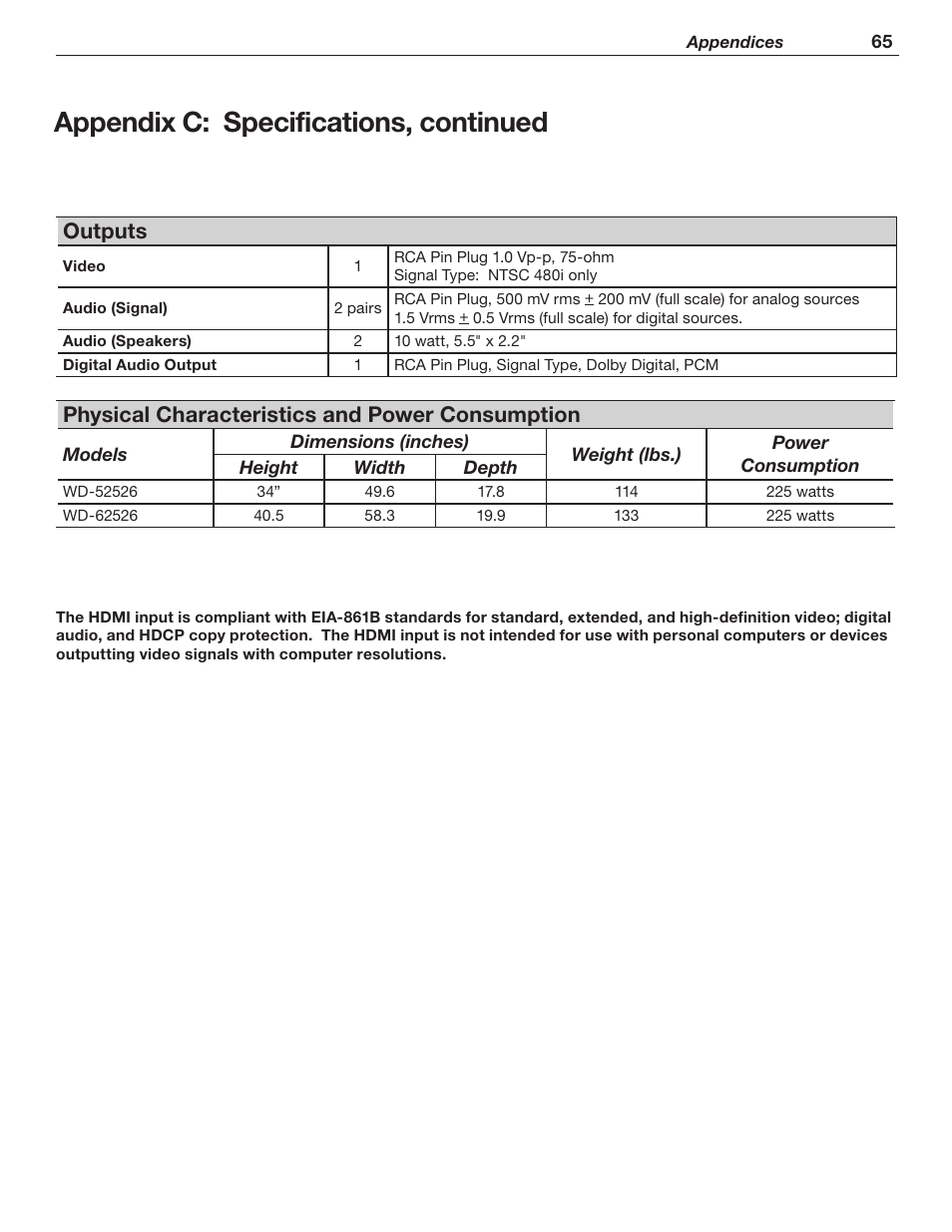 Appendix c: specifications, continued, Outputs, Physical characteristics and power consumption | MITSUBISHI ELECTRIC WD-62526 User Manual | Page 65 / 80