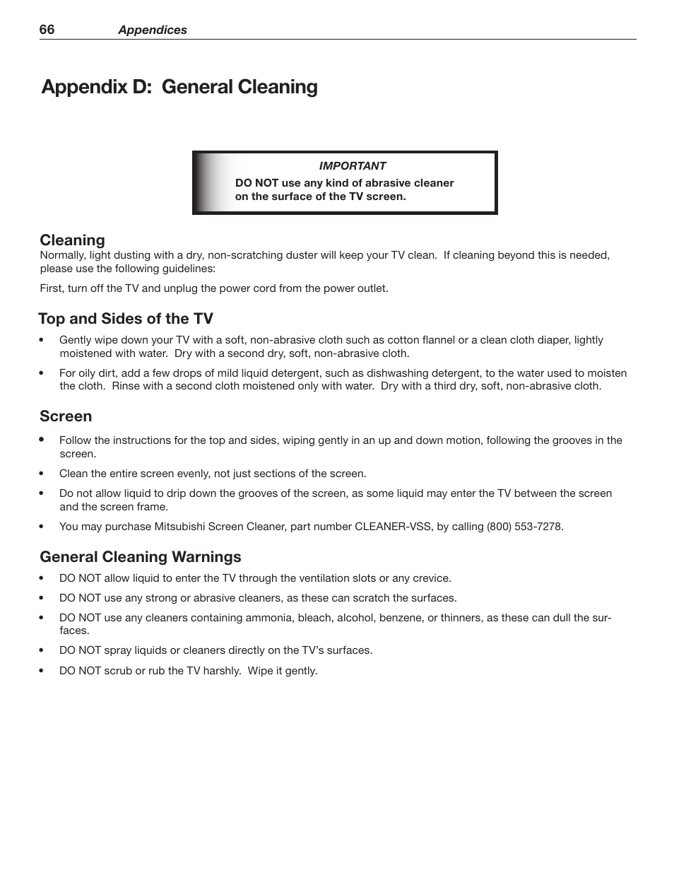 Appendix d: general cleaning, Cleaning, Top and sides of the tv | Screen, General cleaning warnings | MITSUBISHI ELECTRIC WD-62526 User Manual | Page 66 / 80