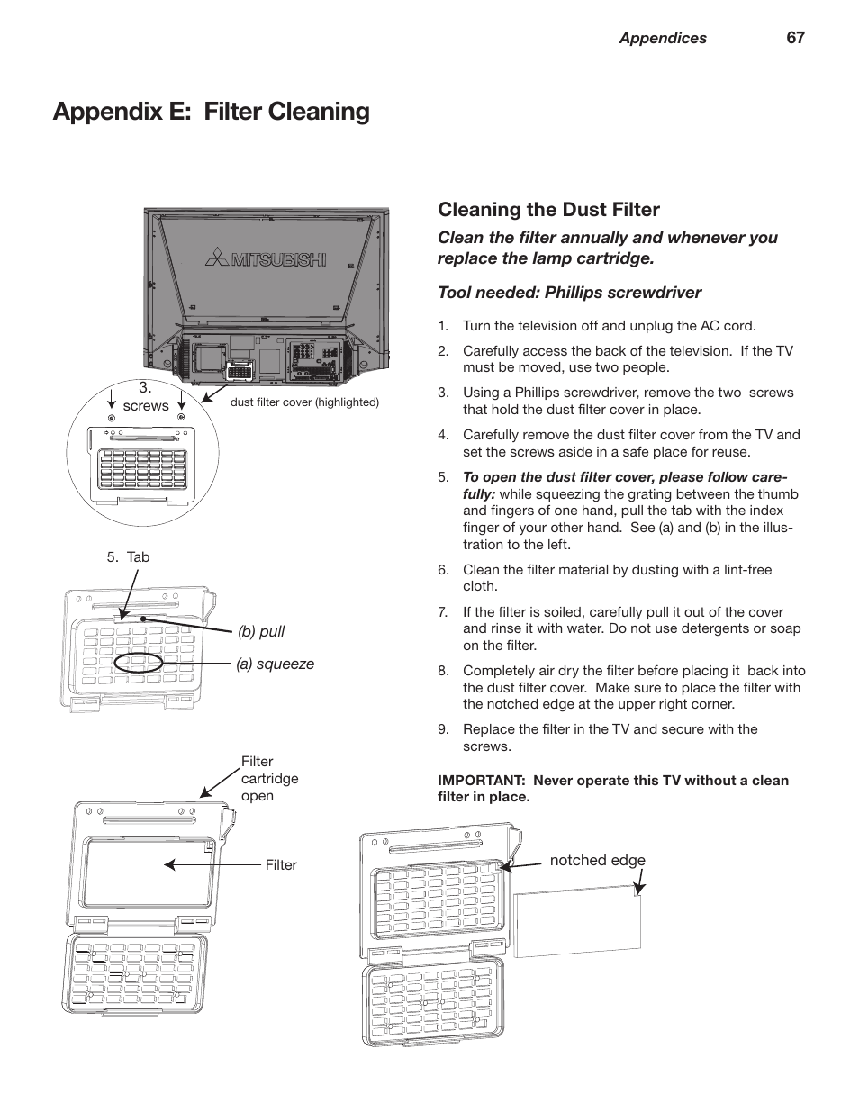 Appendix e: filter cleaning, Cleaning the dust filter | MITSUBISHI ELECTRIC WD-62526 User Manual | Page 67 / 80