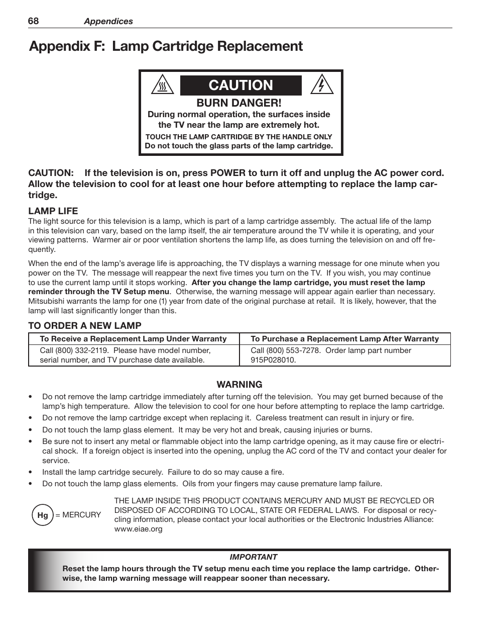 Caution, Appendix f: lamp cartridge replacement, Burn danger | MITSUBISHI ELECTRIC WD-62526 User Manual | Page 68 / 80