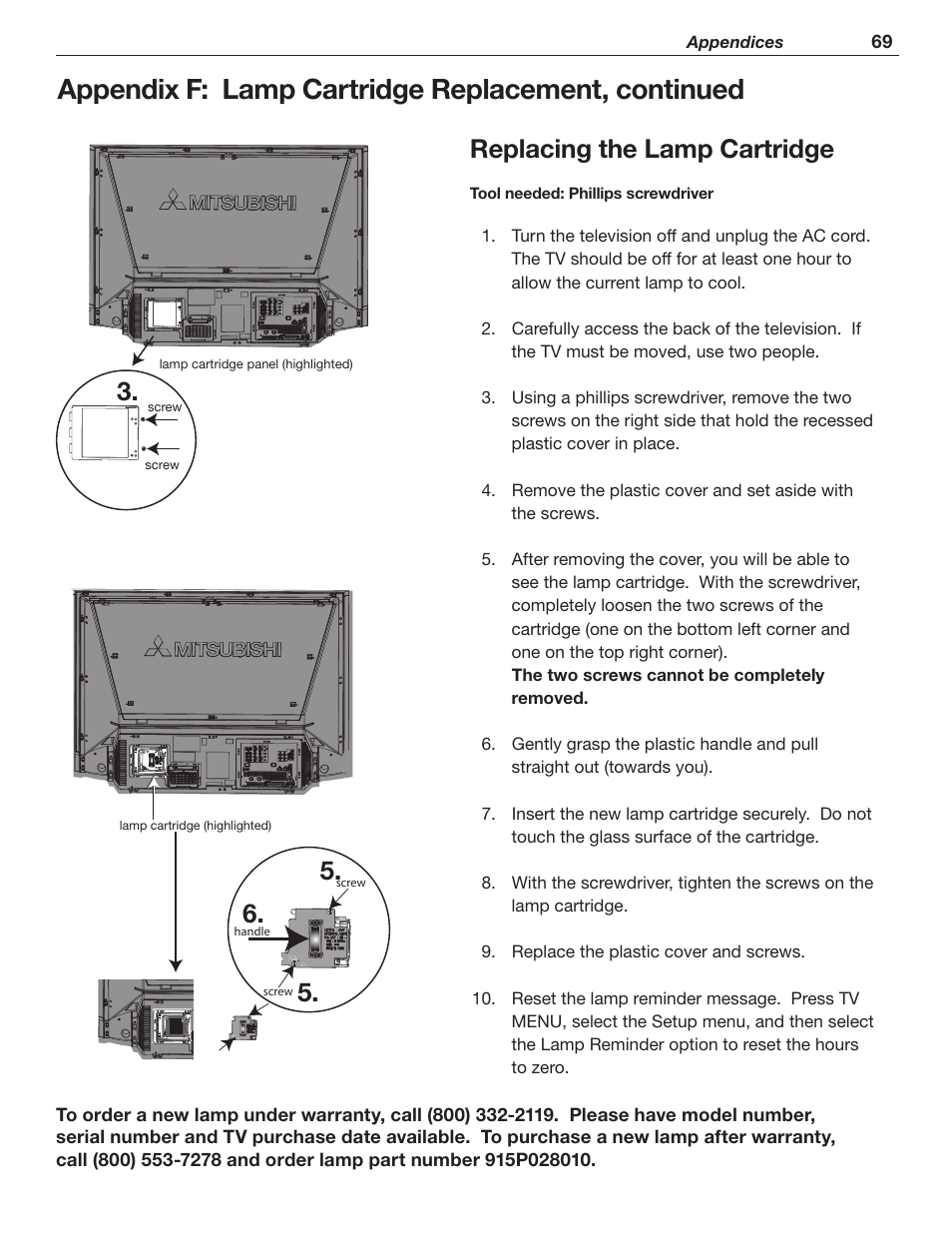 Appendix f: lamp cartridge replacement, continued, 3fqmbdjohuif-bnq$bsusjehf | MITSUBISHI ELECTRIC WD-62526 User Manual | Page 69 / 80