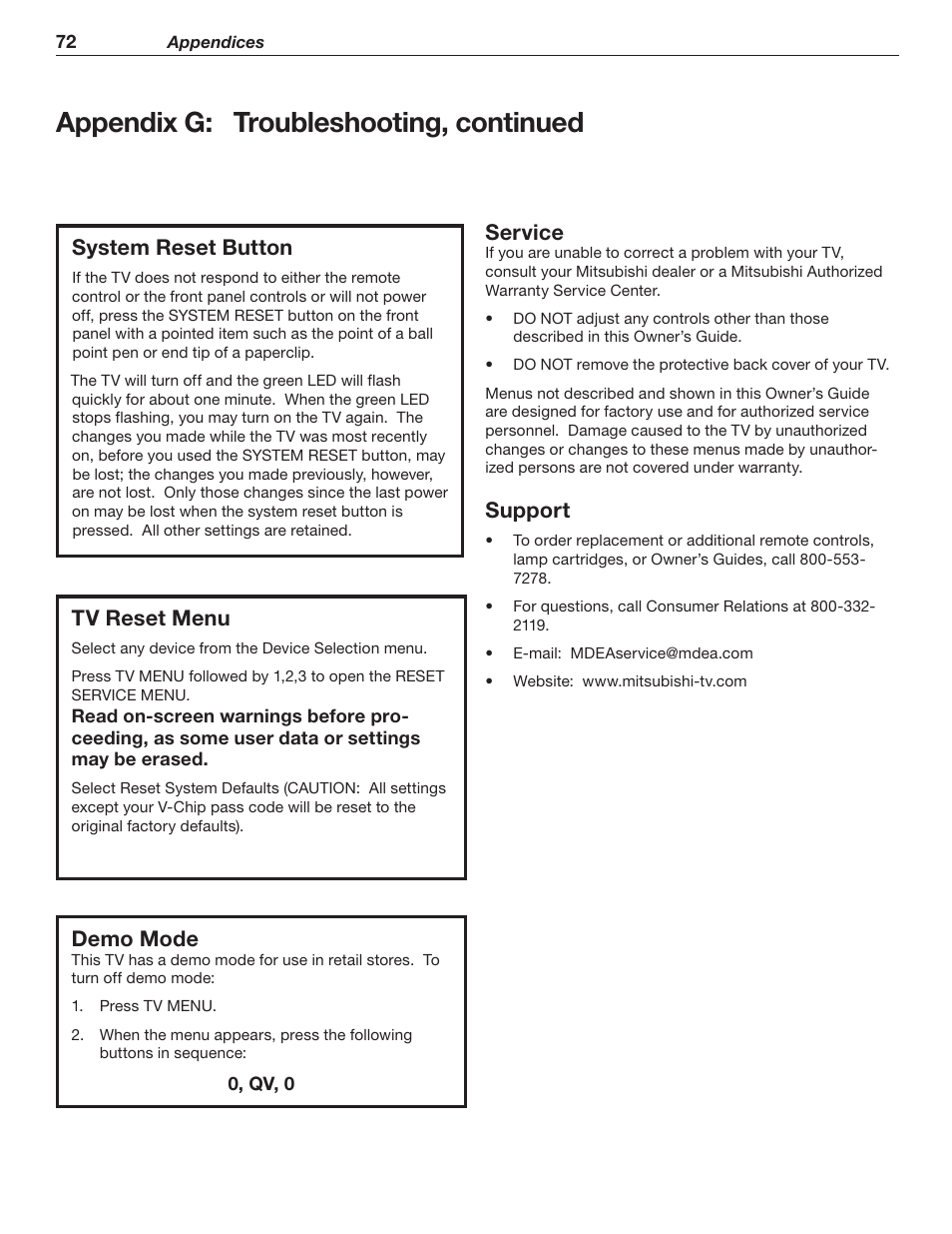 Appendix g: troubleshooting, continued, System reset button, Tv reset menu | Service, Support, Demo mode | MITSUBISHI ELECTRIC WD-62526 User Manual | Page 72 / 80