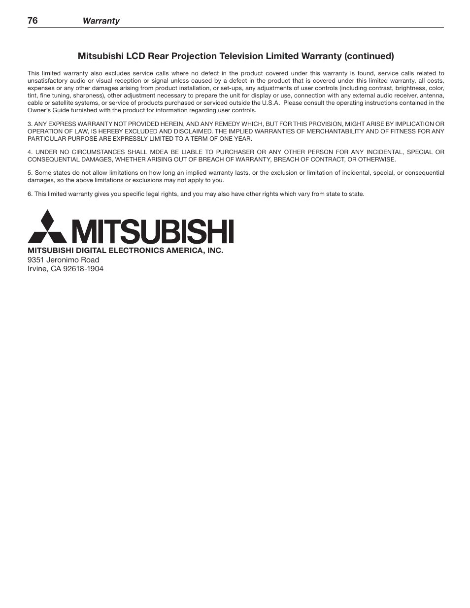 MITSUBISHI ELECTRIC WD-62526 User Manual | Page 76 / 80