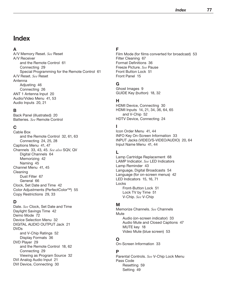 Index | MITSUBISHI ELECTRIC WD-62526 User Manual | Page 77 / 80