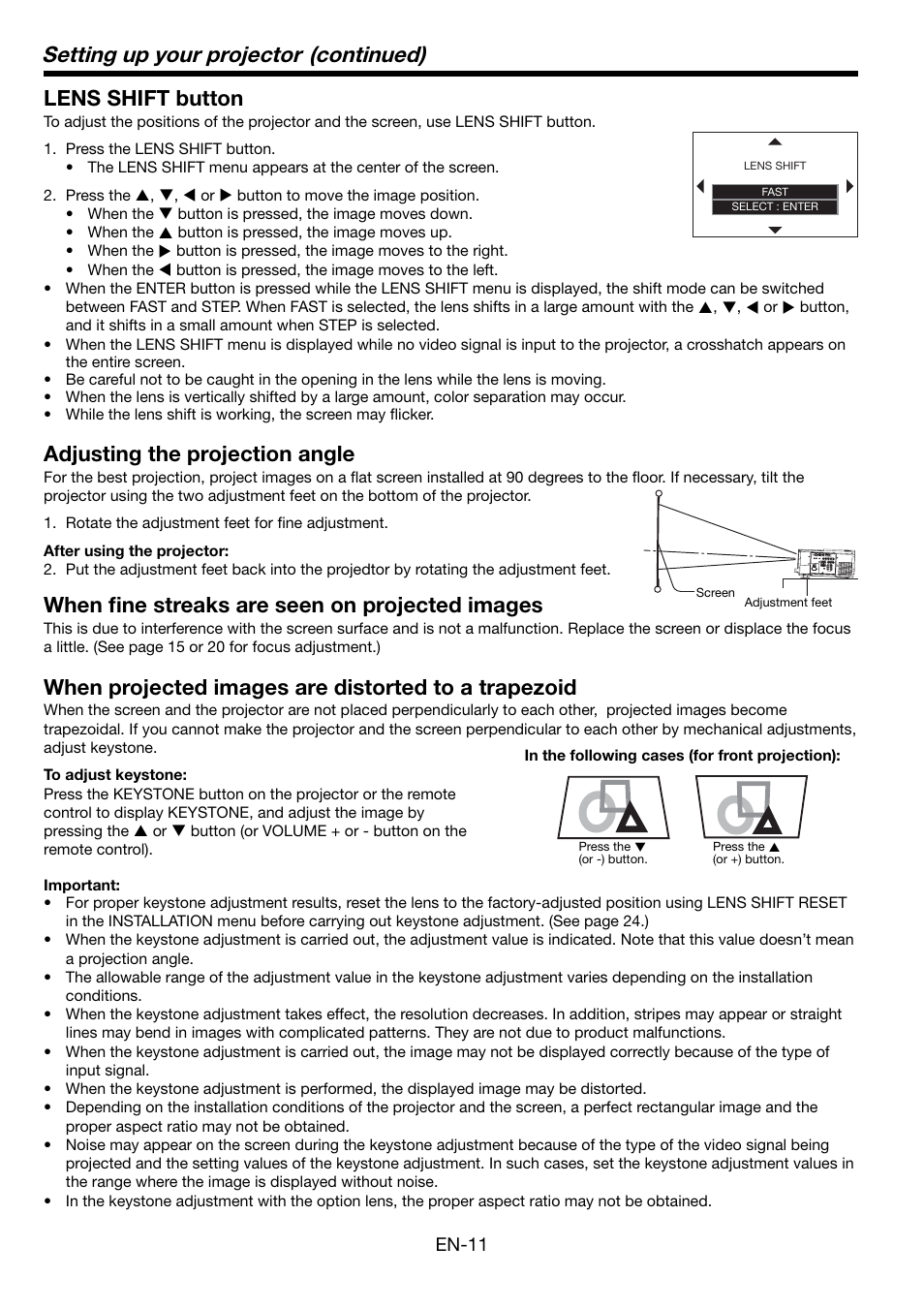 Setting up your projector (continued), Lens shift button, Adjusting the projection angle | When fi ne streaks are seen on projected images, When projected images are distorted to a trapezoid | MITSUBISHI ELECTRIC FL7000 User Manual | Page 11 / 48