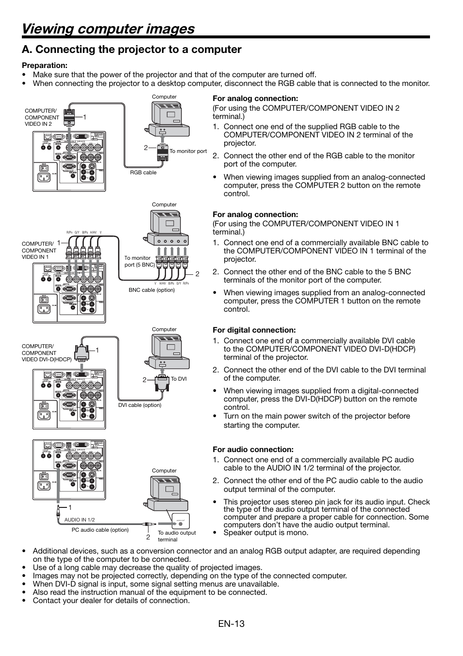 Viewing computer images, A. connecting the projector to a computer, En-13 | MITSUBISHI ELECTRIC FL7000 User Manual | Page 13 / 48