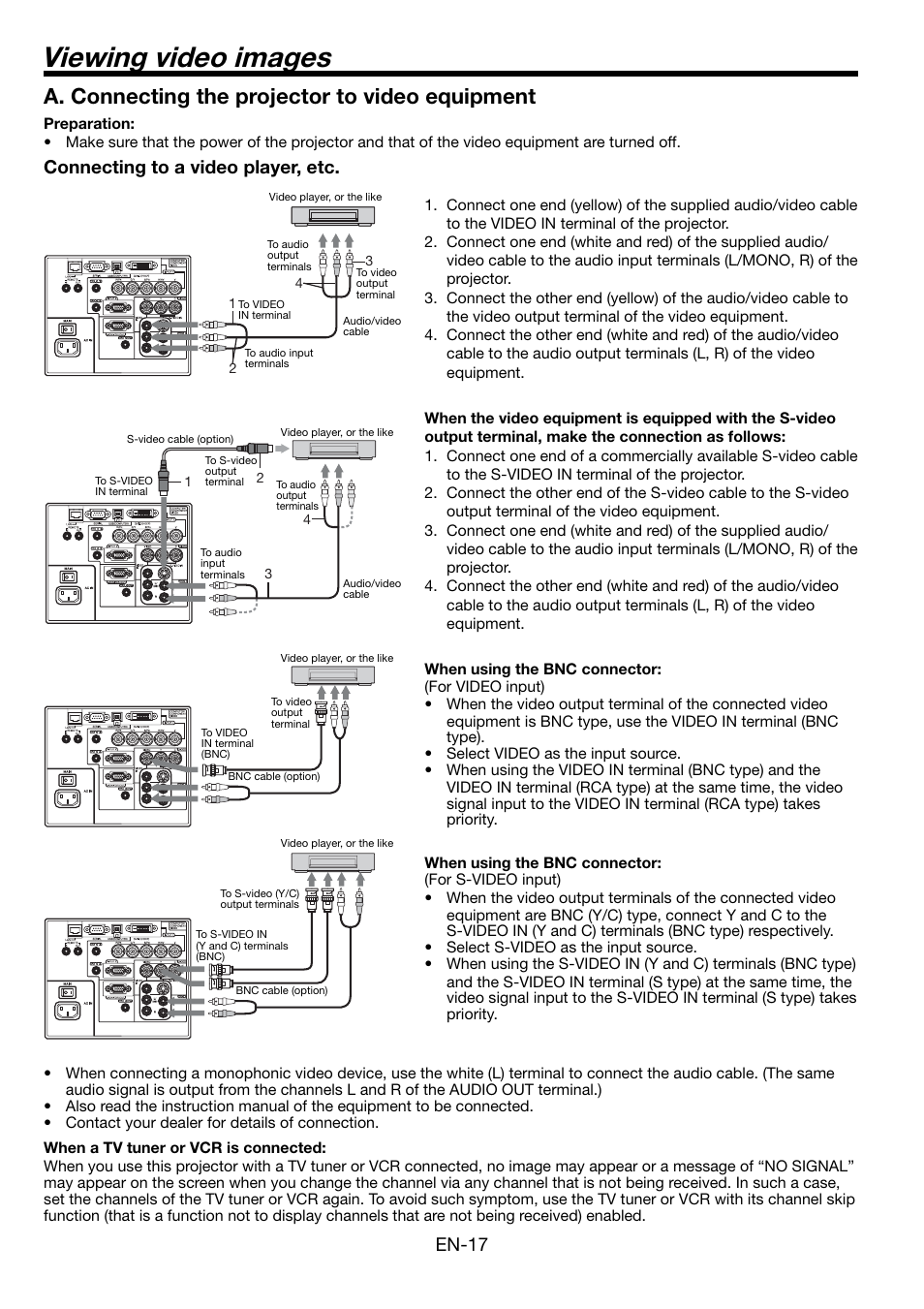 Viewing video images, A. connecting the projector to video equipment, En-17 | Connecting to a video player, etc | MITSUBISHI ELECTRIC FL7000 User Manual | Page 17 / 48