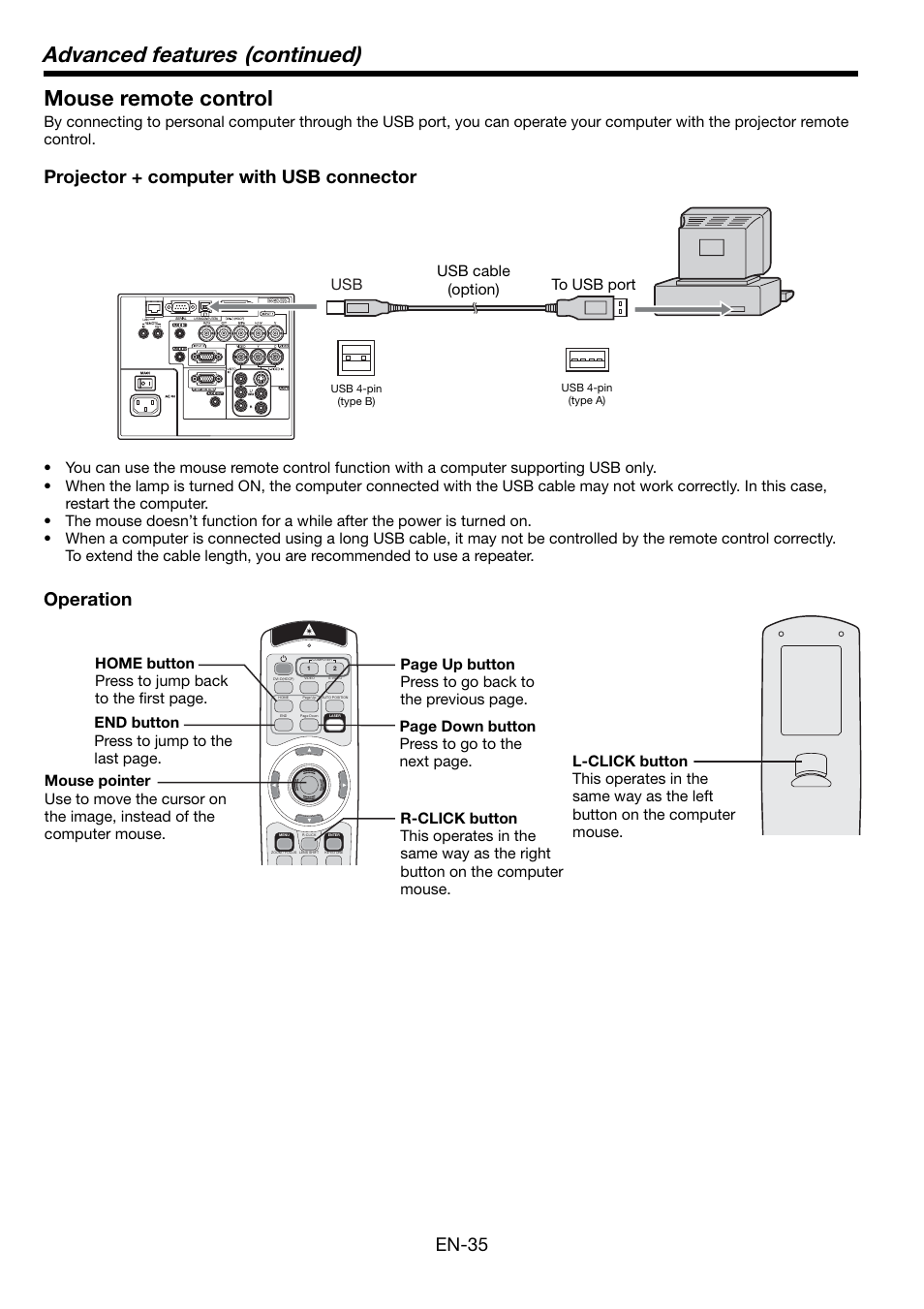 Advanced features (continued), Mouse remote control, En-35 | Projector + computer with usb connector operation | MITSUBISHI ELECTRIC FL7000 User Manual | Page 35 / 48