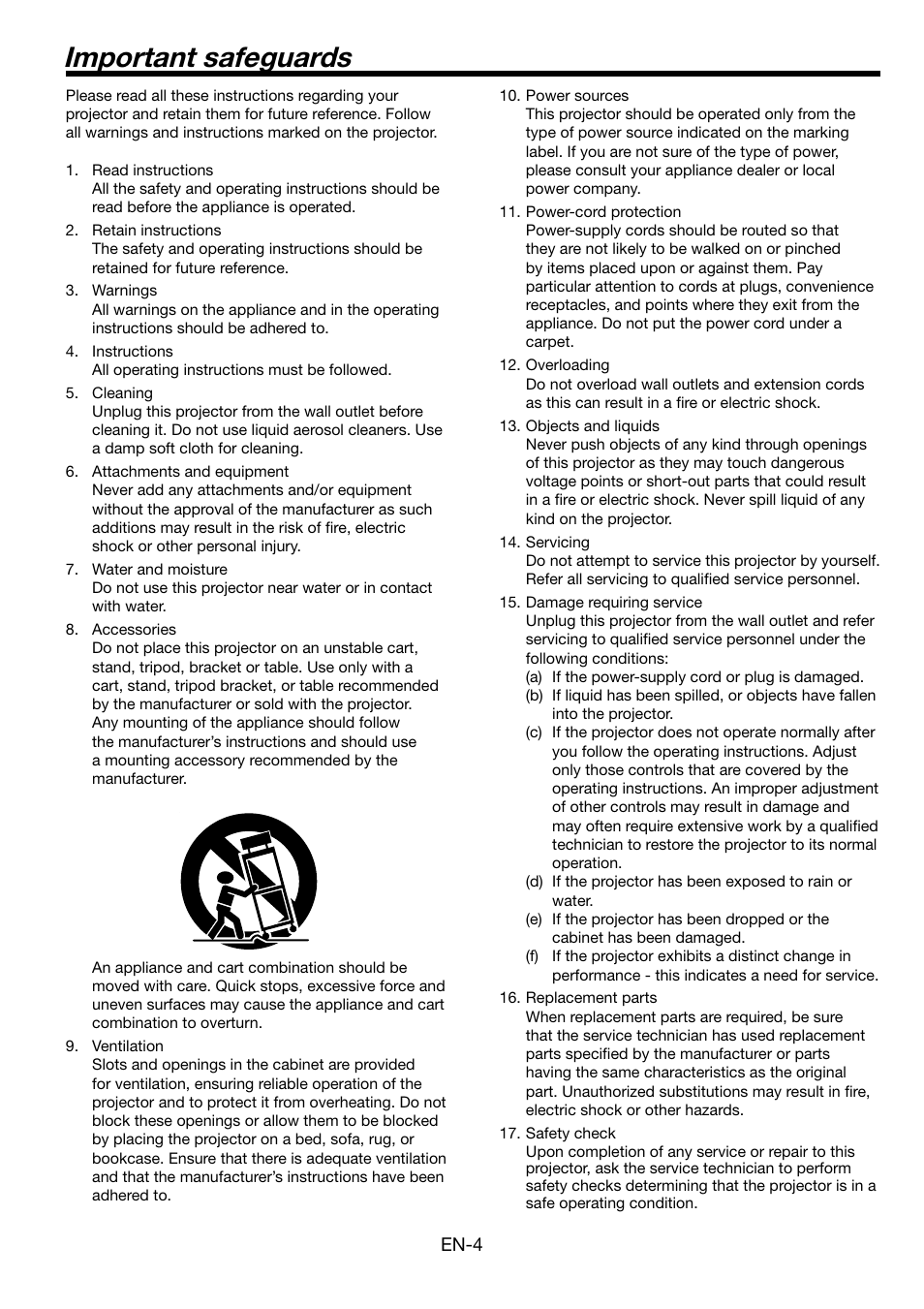 Important safeguards | MITSUBISHI ELECTRIC FL7000 User Manual | Page 4 / 48