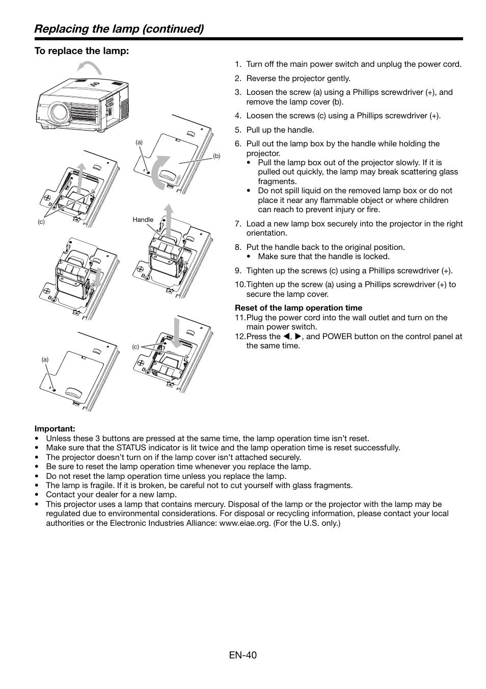 Replacing the lamp (continued) | MITSUBISHI ELECTRIC FL7000 User Manual | Page 40 / 48