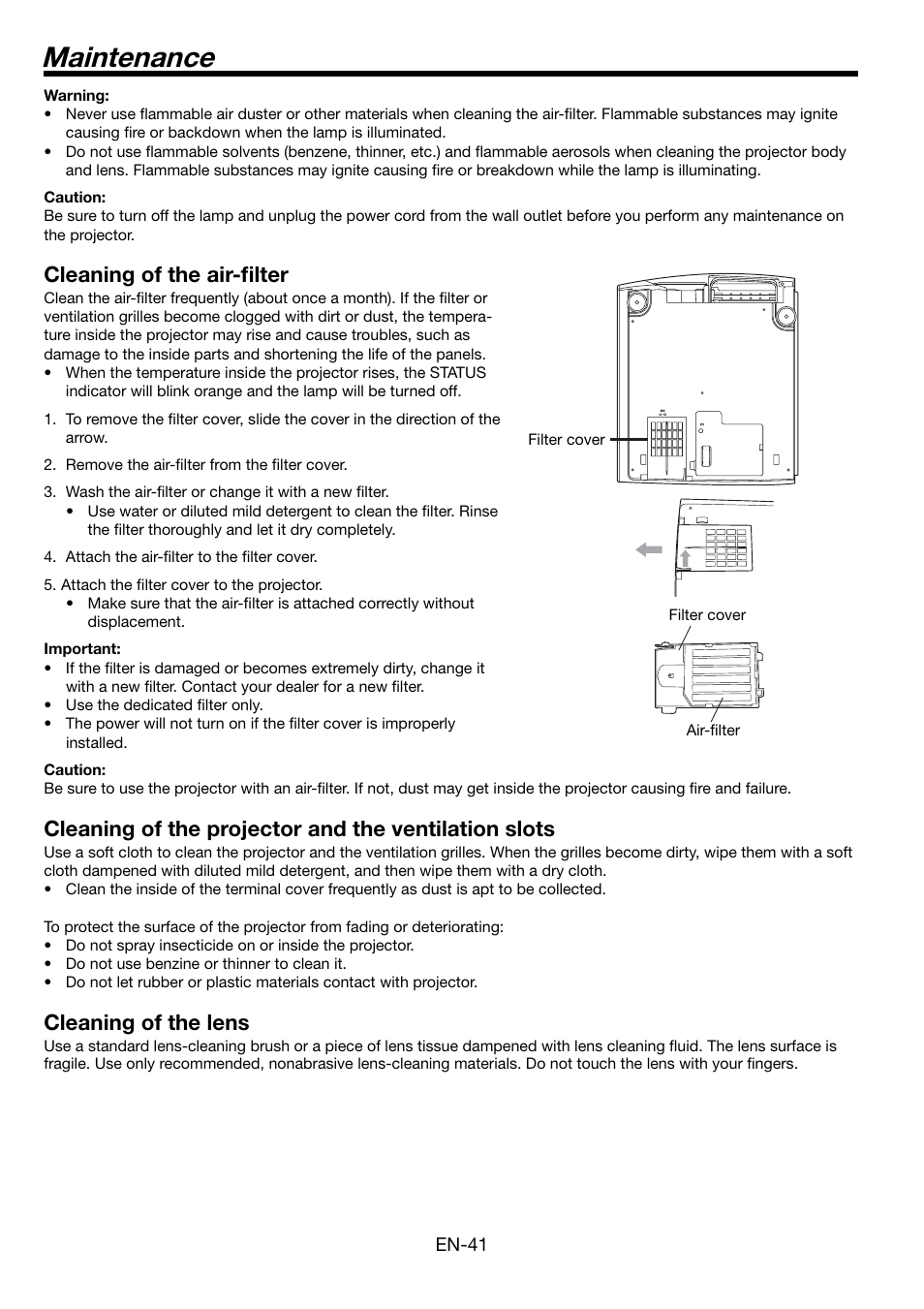 Maintenance, Cleaning of the air-fi lter, Cleaning of the lens | MITSUBISHI ELECTRIC FL7000 User Manual | Page 41 / 48