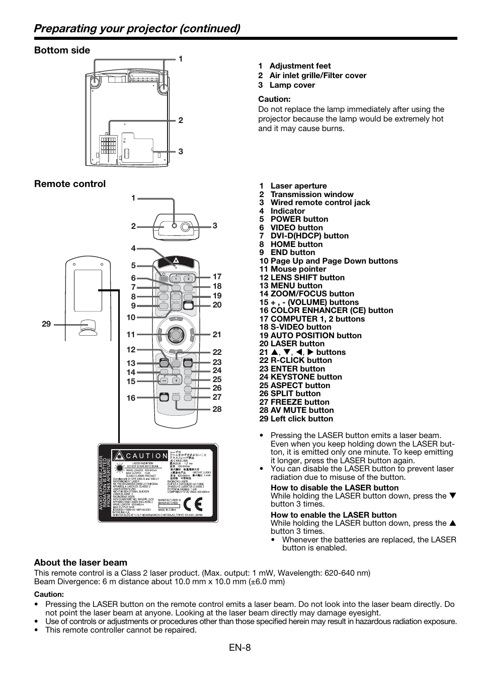 Preparating your projector (continued), En-8, Bottom side | Remote control, About the laser beam | MITSUBISHI ELECTRIC FL7000 User Manual | Page 8 / 48