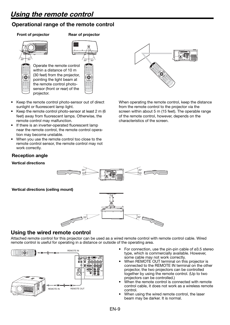 Using the remote control, Operational range of the remote control, Using the wired remote control | En-9, Reception angle | MITSUBISHI ELECTRIC FL7000 User Manual | Page 9 / 48