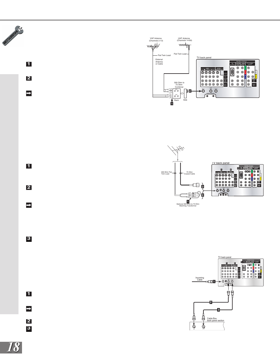 Separate uhf and vhf antennas, Cable box, Antenna or wall outlet cable for analog broadcasts | MITSUBISHI ELECTRIC WS-65909 User Manual | Page 18 / 88