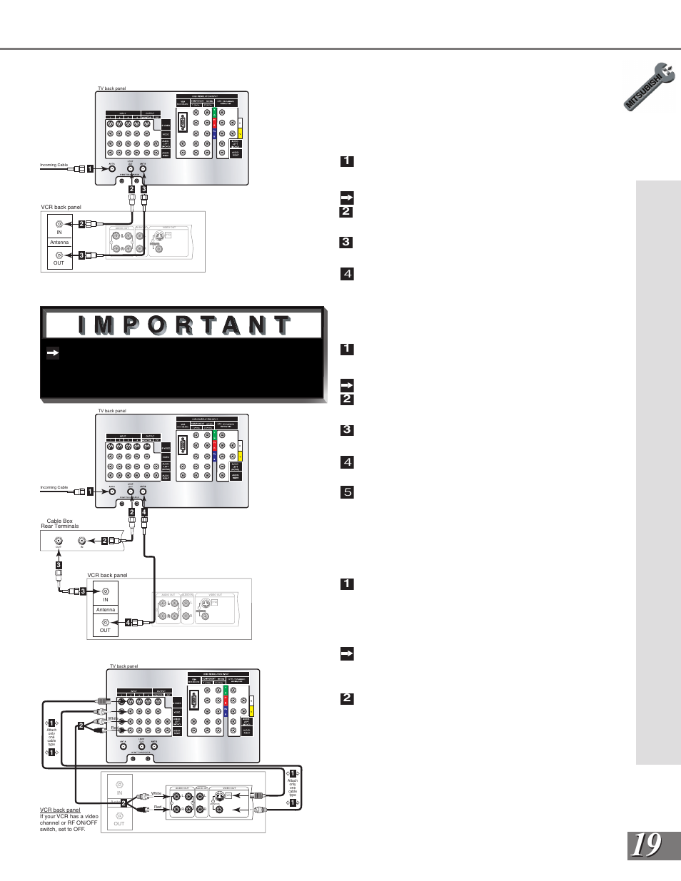 Connecting an analog vcr, Analog antennas or wall outlet cable, Cable box | Now complete gur e 3, steps 1- 2, Part ii: installation | MITSUBISHI ELECTRIC WS-65909 User Manual | Page 19 / 88