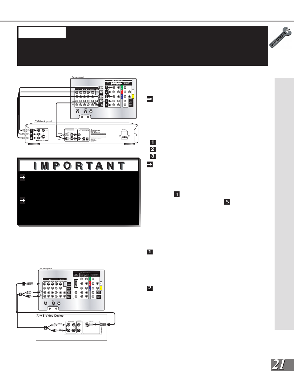 Warning: connecting a dvd player, Connecting an s-video vcr or satellite receiver, Dvd player with component video | S-video vcr or satellite receiver, Connects to the l (left) channel | MITSUBISHI ELECTRIC WS-65909 User Manual | Page 21 / 88