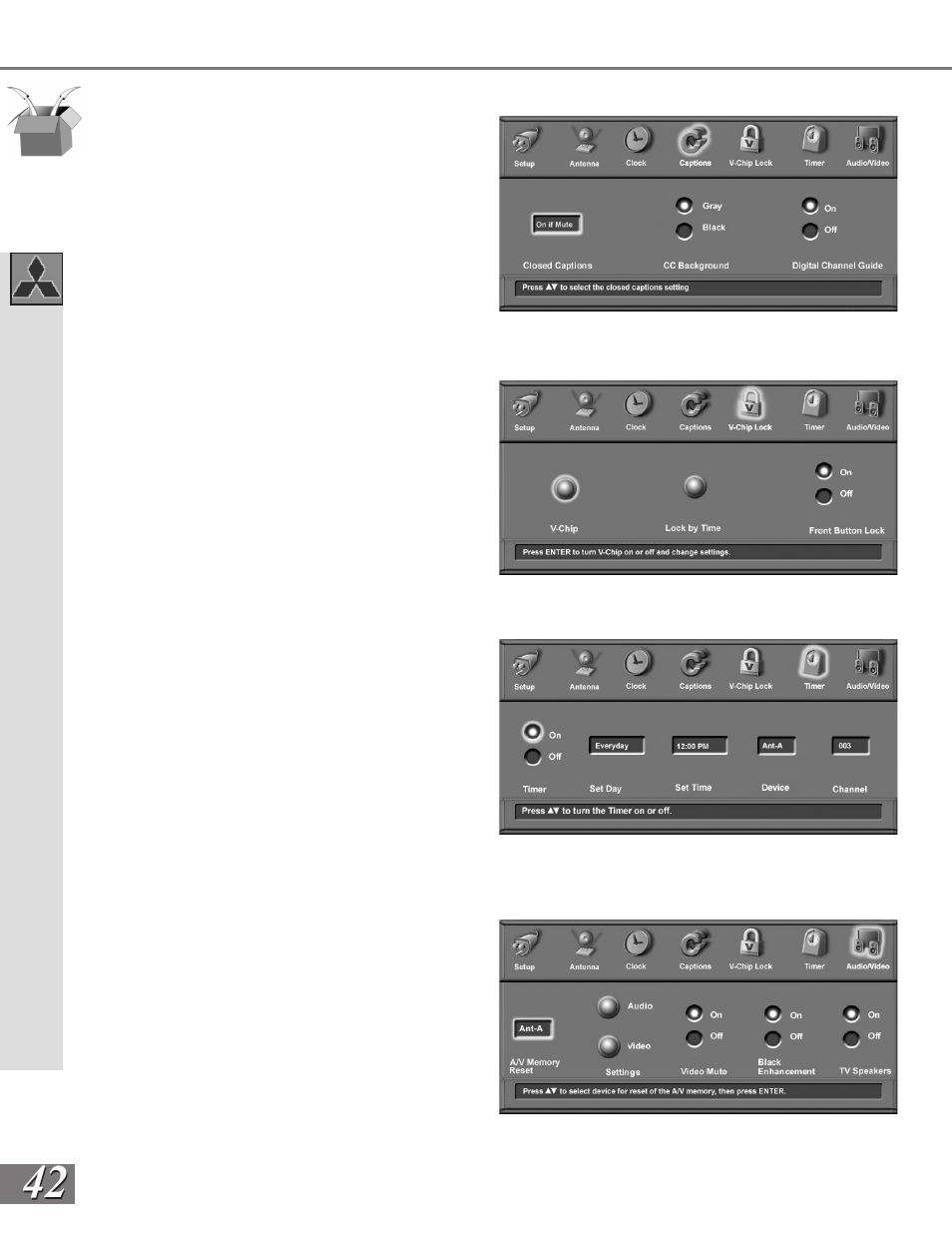 Menu screens (overview) | MITSUBISHI ELECTRIC WS-65909 User Manual | Page 42 / 88