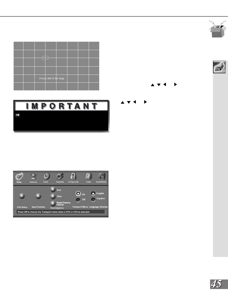 Setup menu: advanced convergence, transport menu, And language | MITSUBISHI ELECTRIC WS-65909 User Manual | Page 45 / 88