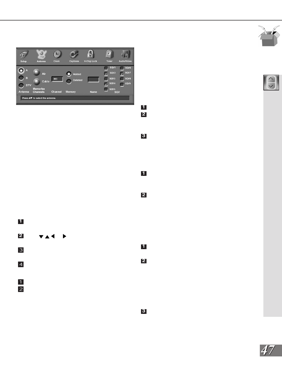 Antenna menu: super quick view™ (sqv™) | MITSUBISHI ELECTRIC WS-65909 User Manual | Page 47 / 88