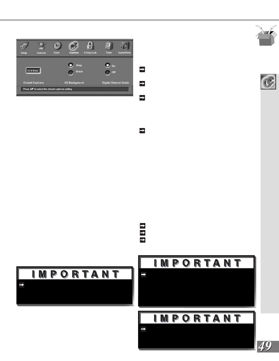 Captions menu: closed captions | MITSUBISHI ELECTRIC WS-65909 User Manual | Page 49 / 88