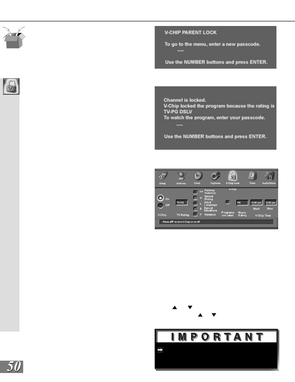 V-chip lock menu: passcode | MITSUBISHI ELECTRIC WS-65909 User Manual | Page 50 / 88