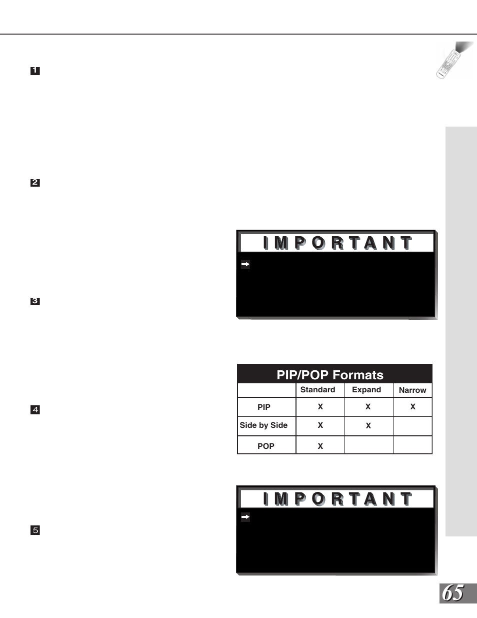 Remote control functions: display formats, Pip/pop formats | MITSUBISHI ELECTRIC WS-65909 User Manual | Page 65 / 88