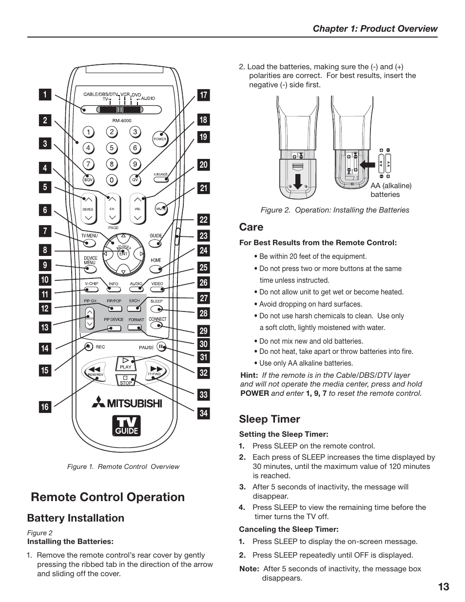 Remote control operation, 13 battery installation, Sleep timer | Care | MITSUBISHI ELECTRIC LT-3280 User Manual | Page 19 / 124