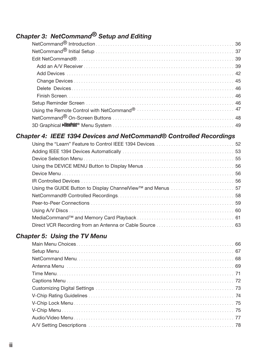 Ii chapter 3: netcommand® setup and editing, Chapter 5: using the tv menu | MITSUBISHI ELECTRIC LT-3280 User Manual | Page 4 / 124