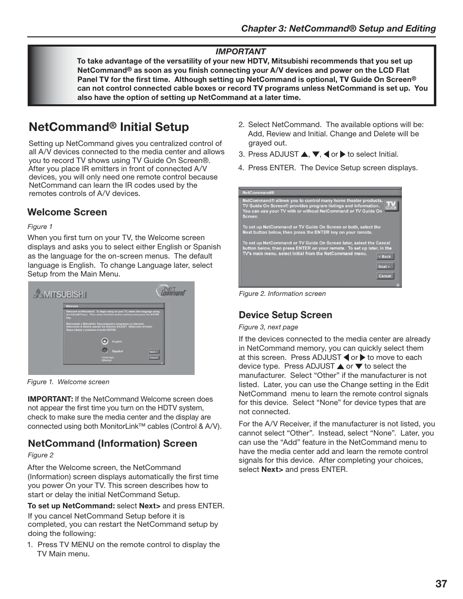 Netcommand, Initial setup, Welcome screen | Netcommand (information) screen, Device setup screen | MITSUBISHI ELECTRIC LT-3280 User Manual | Page 43 / 124