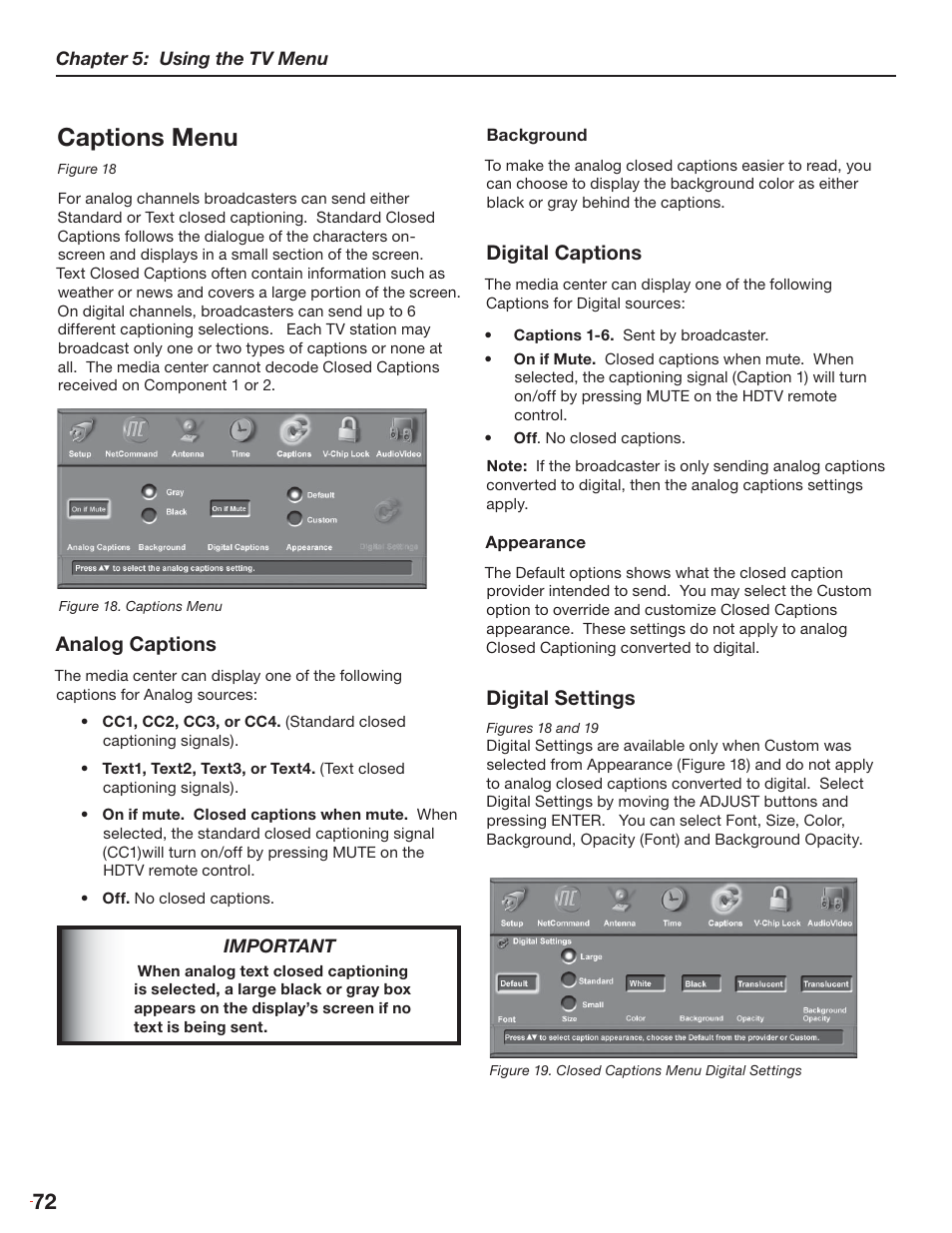 Captions menu, Analog captions, Digital captions | Digital settings | MITSUBISHI ELECTRIC LT-3280 User Manual | Page 78 / 124
