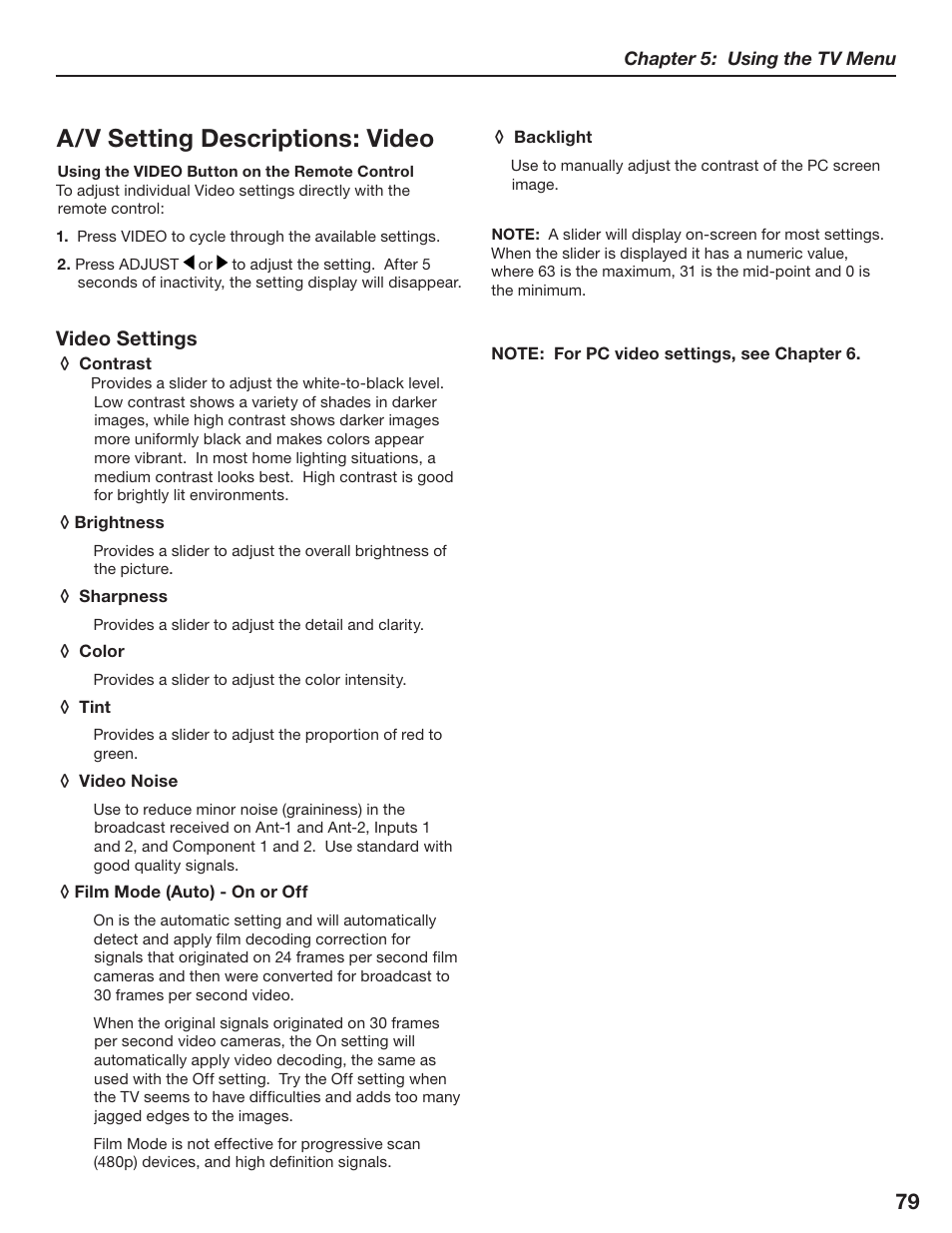 A/v setting descriptions: video, Video settings | MITSUBISHI ELECTRIC LT-3280 User Manual | Page 85 / 124