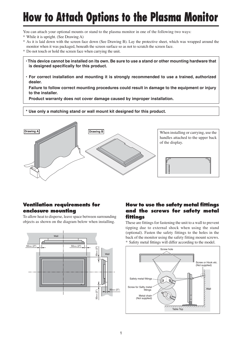 How to attach options to the plasma monitor, Ventilation requirements for enclosure mounting | MITSUBISHI ELECTRIC PD-6130 User Manual | Page 10 / 52