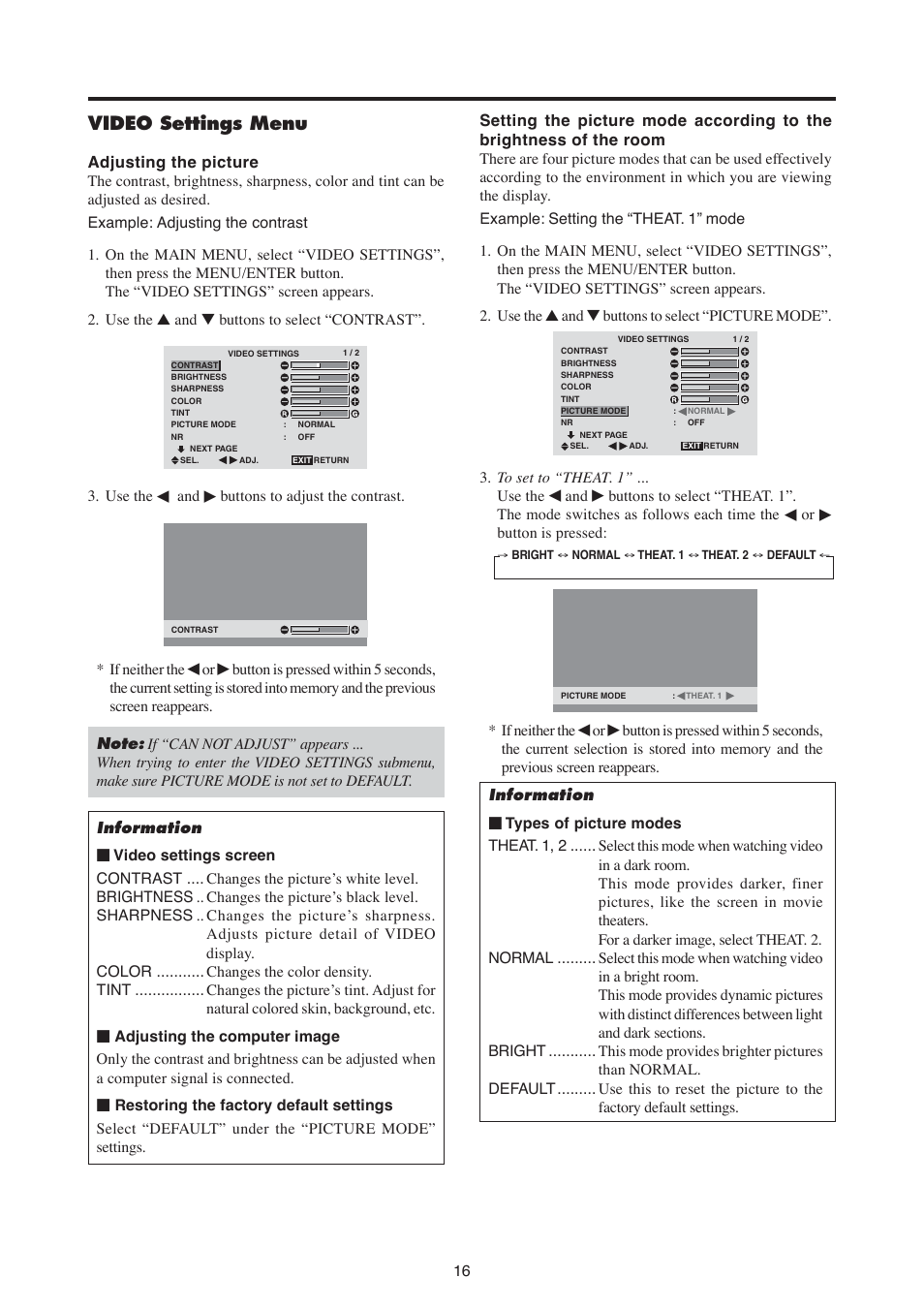 Video settings menu, Use the, Buttons to adjust the contrast | If neither the, Button is pressed | MITSUBISHI ELECTRIC PD-6130 User Manual | Page 25 / 52