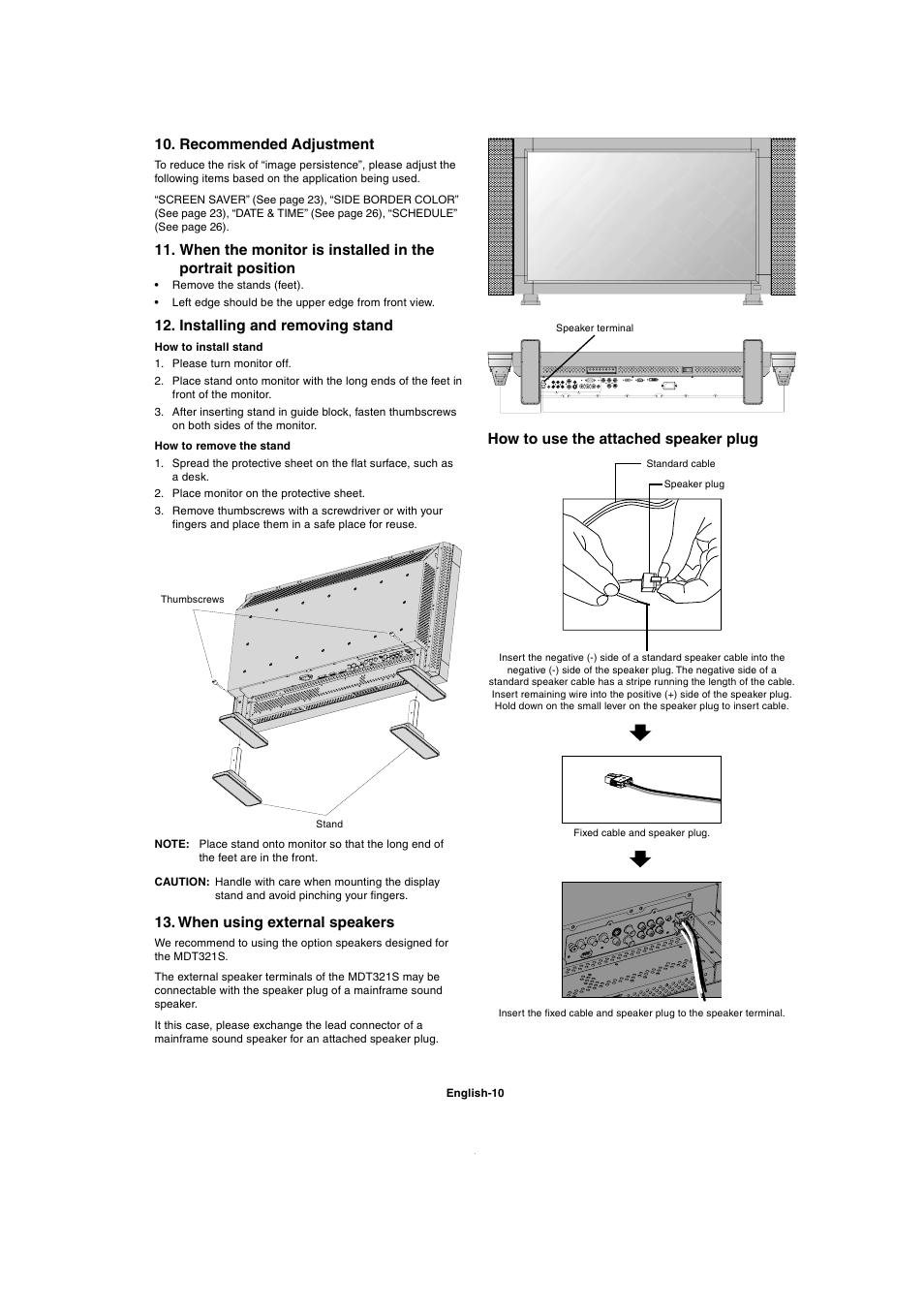 Recommended adjustment, Installing and removing stand, When using external speakers | How to use the attached speaker plug | MITSUBISHI ELECTRIC MDT321S User Manual | Page 12 / 36