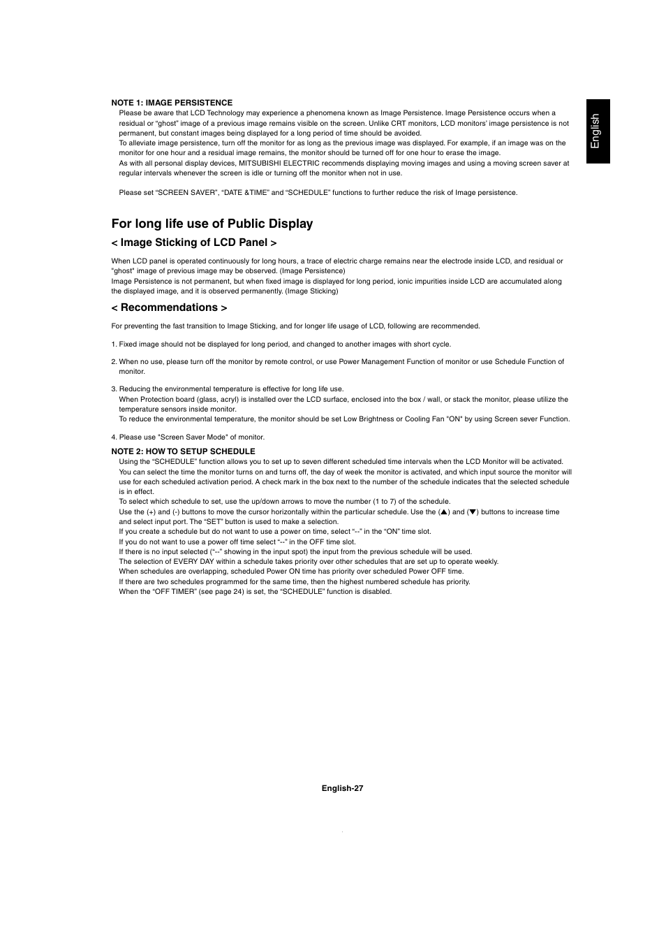 For long life use of public display, English, Image sticking of lcd panel | Recommendations | MITSUBISHI ELECTRIC MDT321S User Manual | Page 29 / 36