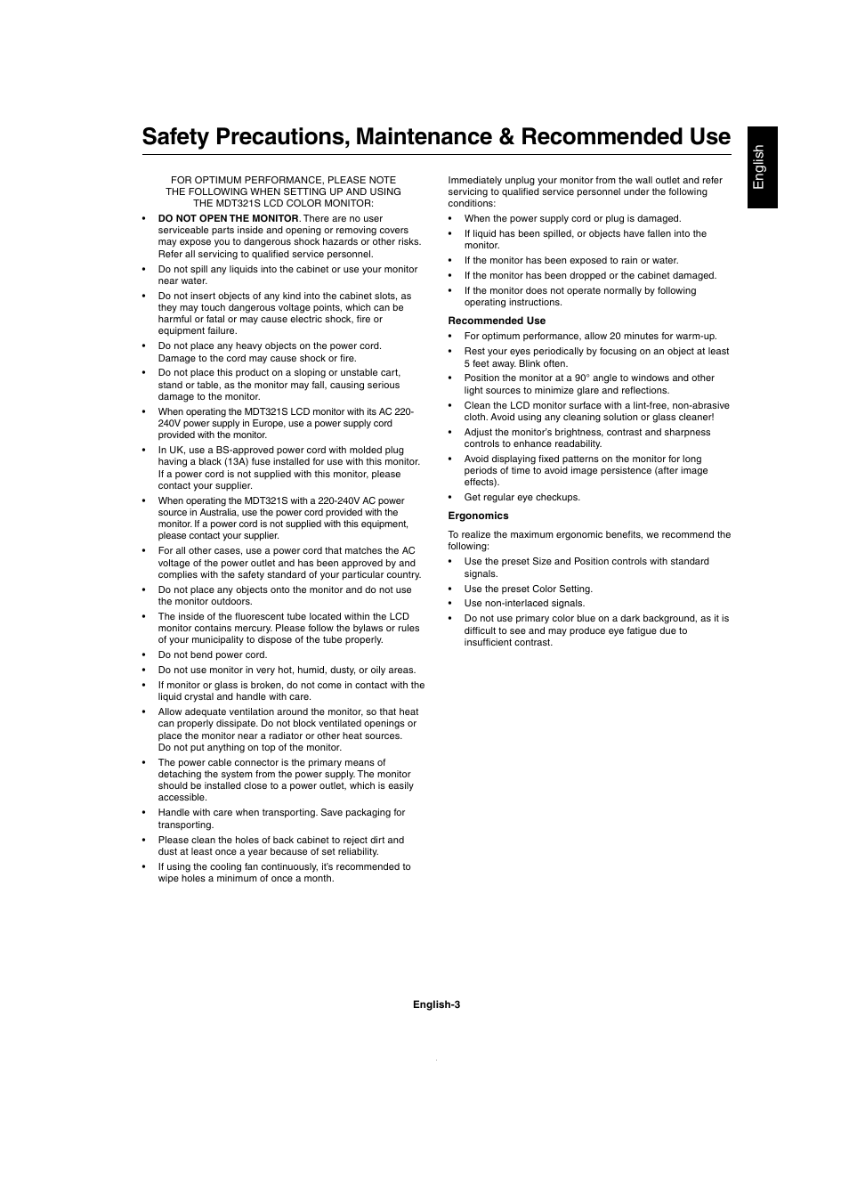 Safety precautions, maintenance & recommended use, English | MITSUBISHI ELECTRIC MDT321S User Manual | Page 5 / 36