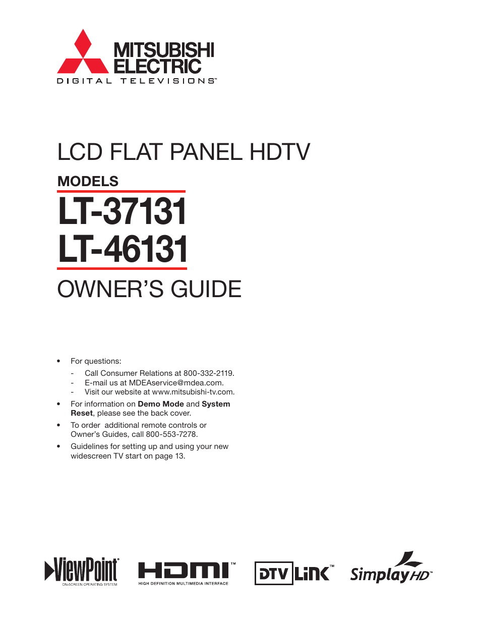 MITSUBISHI ELECTRIC LT-37131 User Manual | 108 pages