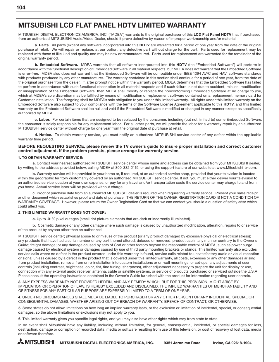 Mitsubishi lcd flat panel hdtv limited warranty | MITSUBISHI ELECTRIC LT-37131 User Manual | Page 104 / 108