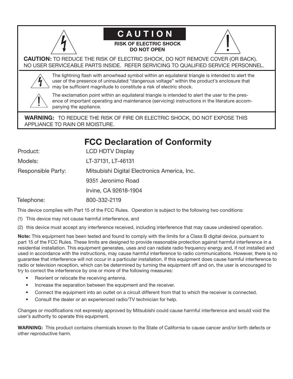 Caution, Fcc declaration of conformity | MITSUBISHI ELECTRIC LT-37131 User Manual | Page 2 / 108