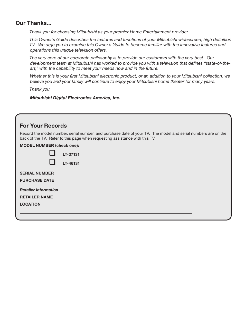 For your records | MITSUBISHI ELECTRIC LT-37131 User Manual | Page 3 / 108