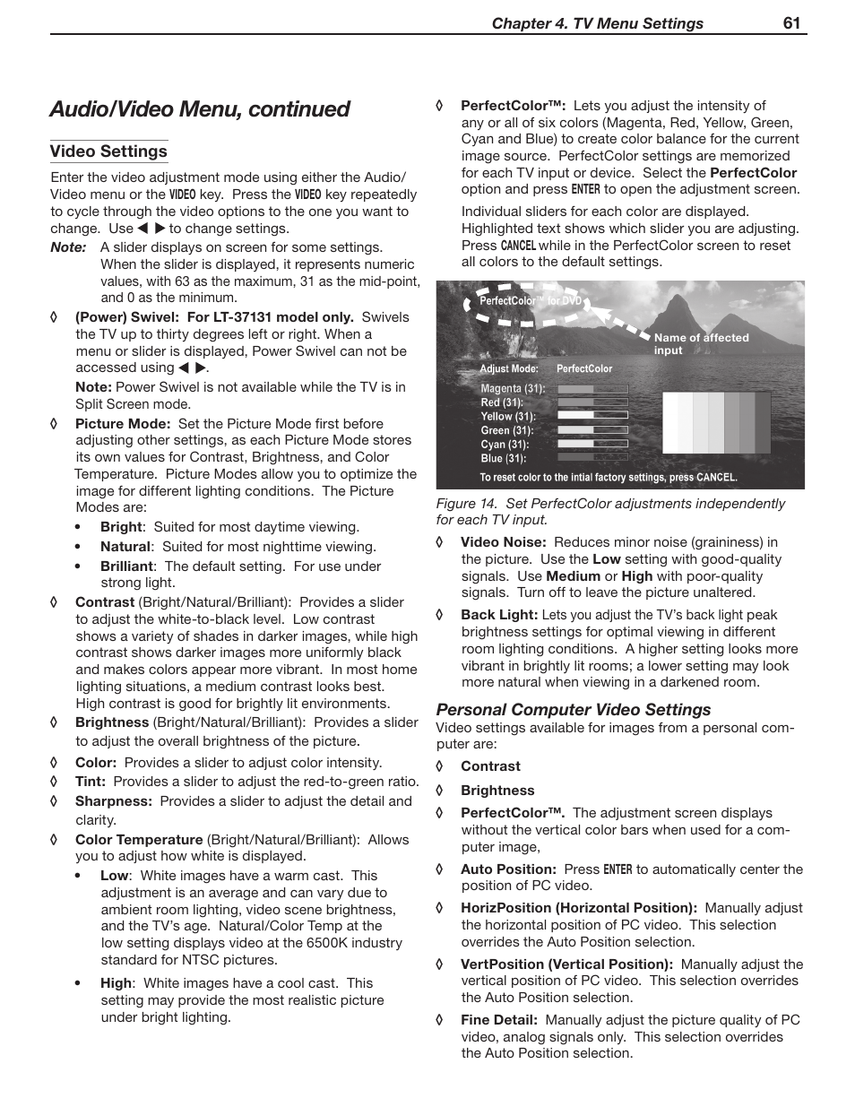 Audio/video menu, continued | MITSUBISHI ELECTRIC LT-37131 User Manual | Page 61 / 108